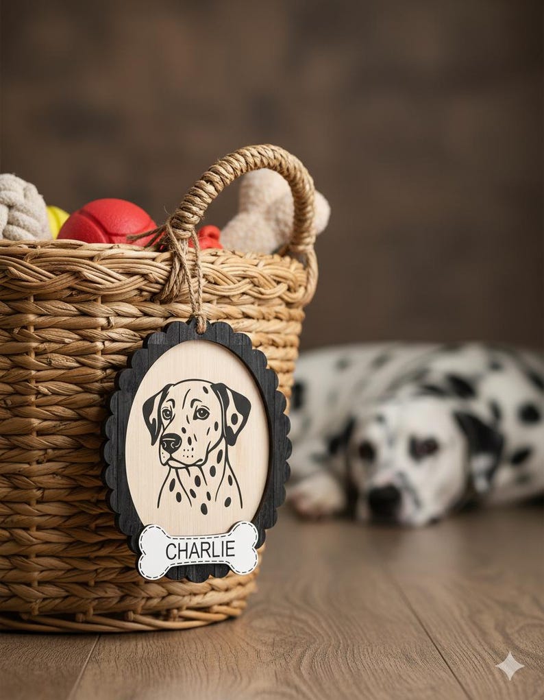 May include: A woven basket filled with dog toys, with a wooden tag featuring a Dalmatian illustration. The tag has a black scalloped frame and a bone-shaped name tag that reads "CHARLIE". A Dalmatian dog is in the background.