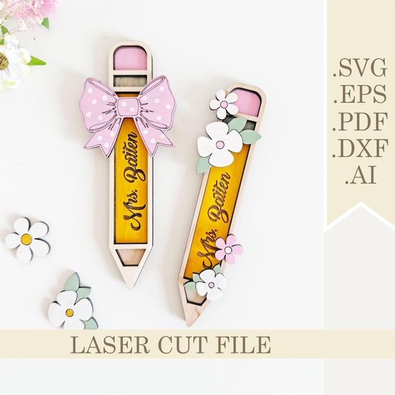 Teacher Pencil Bow and Flowes SVG Laser Cut File, Custom Name