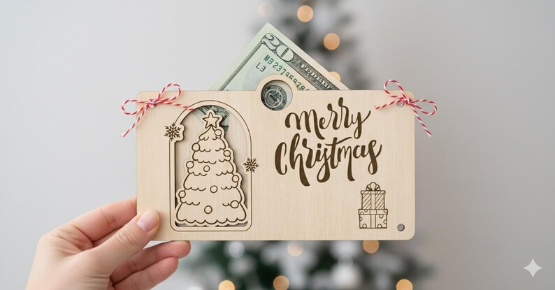 May include: A wooden Christmas gift card holder with a twenty-dollar bill peeking out. The holder features a laser-cut Christmas tree, snowflakes, and the words "Merry Christmas". It is tied with red and white twine.