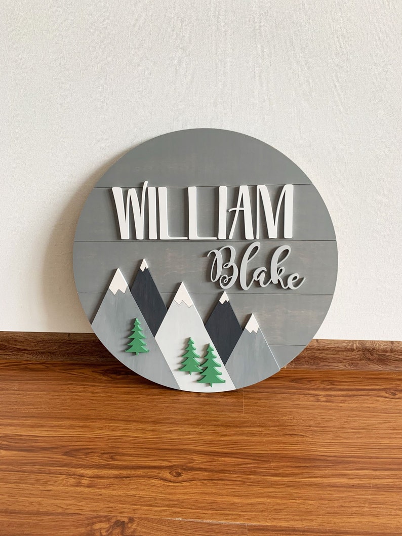 Mountains nursery wood baby name sign Round boy name sign for nursery Woodland kids bedroom Adventure room decor Personalised Door Plaque