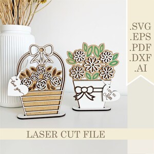Flower Bouquet with Stand SVG, Mothers day svg Laser Cut files, Standing Pot Flowers for Mom diy kit, Mother&#39;s Day Flower gift laser cut