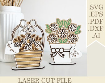 Flower Bouquet with Stand SVG, Mothers day svg Laser Cut files, Standing Pot Flowers for Mom diy kit, Mother's Day Flower gift laser cut
