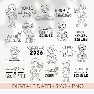 Junge Einschulung SVG PNG Bundle, Plotterdatei Schulkind 2026 Motive & Sprüche für Cricut Silhouette