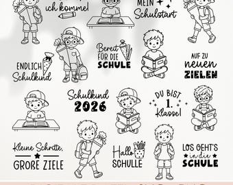 Junge Einschulung SVG PNG Bundle, Plotterdatei Schulkind 2026 Motive & Sprüche für Cricut Silhouette