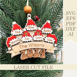 2024 Cappello da Babbo Natale per la famiglia Ornamento natalizio SVG, file tagliato al laser Decorazioni personalizzate con nomi di famiglia 2-13 nomi, Ornamento in legno 3D svg