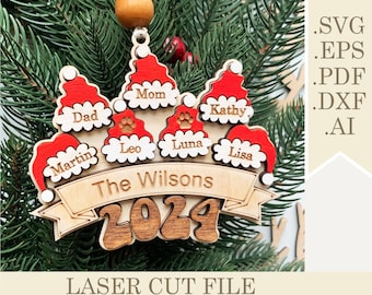 2024 Family Santa Hat Christmas Ornament SVG, Laser Cut file Personalized Family Name Decorations 2-13 names, 3d Wooden Ornament svg