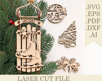 Christmas Sled Ornament SVG, Christmas Tree Sleigh Decorations Laser Cut files, Vintage Wooden Christmas Sled Decor Digital Glowforge