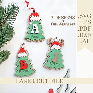 Kerstboom eerste ornament SVG, set van 3 gepersonaliseerde naam kerstversieringen lasergesneden bestanden, monogram kerstmuts cadeaukaartje digitaal