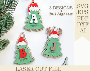 Christmas Tree Initial Ornament SVG, Set of 3 Personalized Name Christmas Ornaments Laser Cut files, Monogram Christmas Hat Gift Tag Digital
