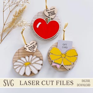 Teacher Gift Card Holder SVG Bundle, Notebook Shape with Bow Daisy Apple, Thank You Teacher Tags, Teacher Ornament Laser Cut Files