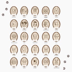 May include: A collection of 25 dog breed portraits in oval frames with bone-shaped name tags. Breeds include Newfoundland, Pekingese, and Pomeranian. Paw prints are in the corners.