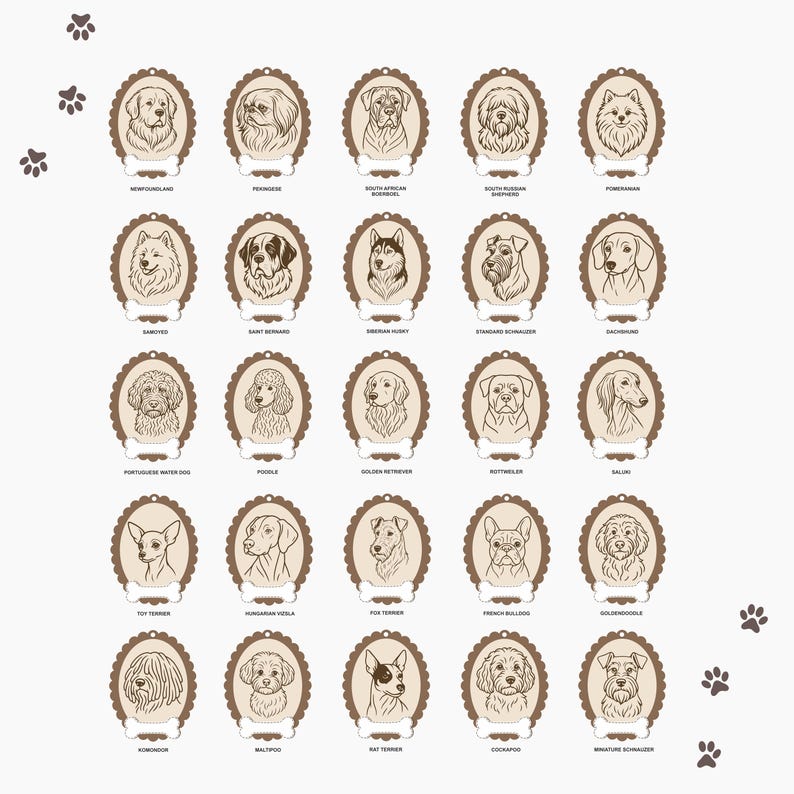 May include: A collection of 25 dog breed portraits in oval frames with bone-shaped name tags. Breeds include Newfoundland, Pekingese, and Pomeranian. Paw prints are in the corners.