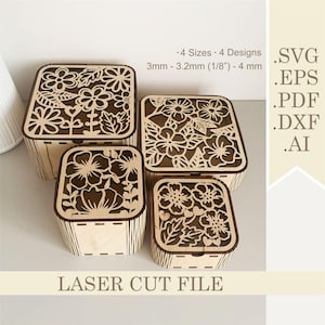 Flower Gift Box SVG Laser Cut File, Square Floral Wedding Gift Box, Mother&#39;s Day Wooden Gift Box, Jeweler Case Valentine&#39;s Digital Download