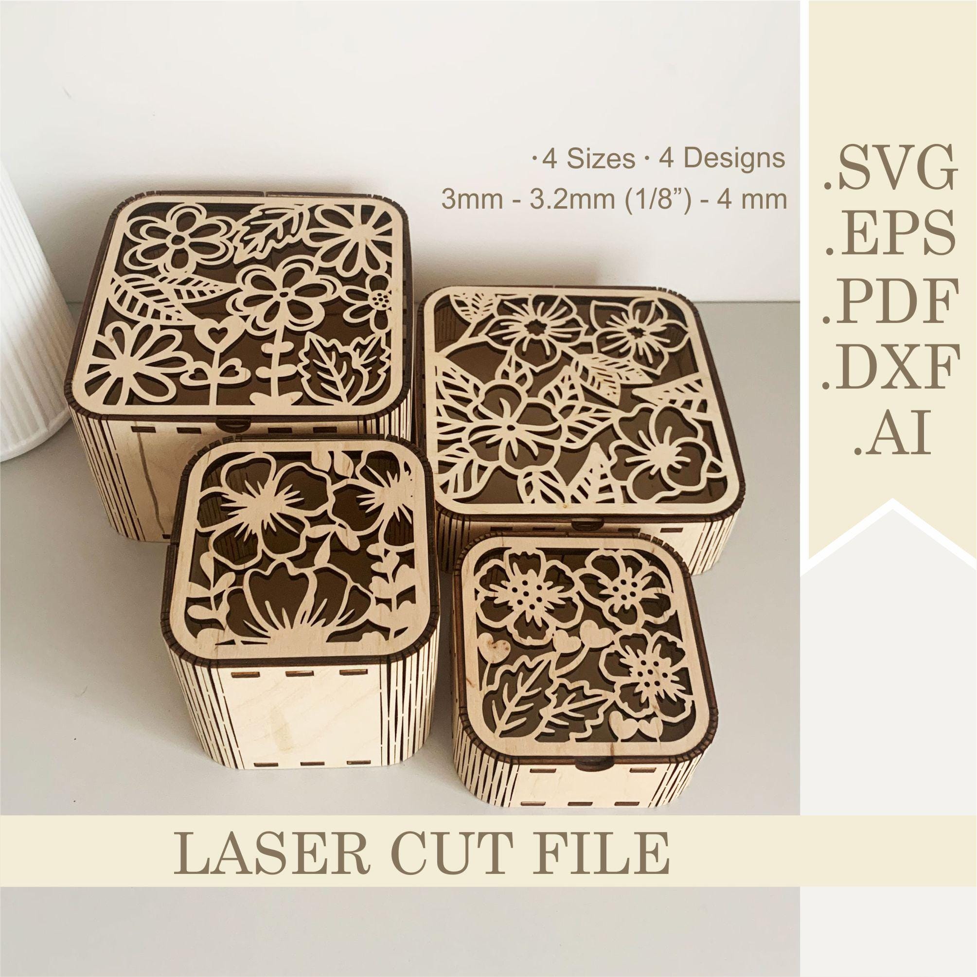 Flower Gift Box SVG Laser Cut File, Square Floral Wedding Gift Box ...