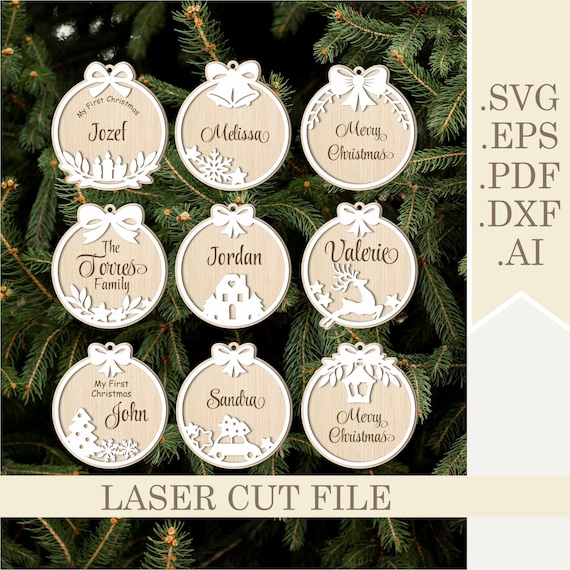 Christmas Round Ornament Bundle SVG Laser Cut file, Monogram Ornament Template Name Stocking Tag, Blank Christmas Frames, DIY Christmas Gift