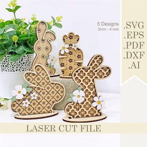 Lapin de Pâques debout SVG, fichier découpé au laser Floral lapin de Pâques à plusieurs niveaux plateau, lapin de Pâques et carotte étagère sitter, décoration de printemps numérique