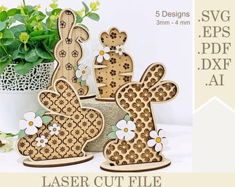 Standing Easter Bunny SVG, Laser Cut file Floral Easter Bunny Tiered Tray, Easter Bunny and Carrot Shelf Sitter, Spring decoration Digital