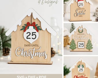 Christmas Countdown Sign SVG Bundle, Days Until Christmas Layered House Designs, Santa Countdown Glowforge Laser Cut File, Digital Download