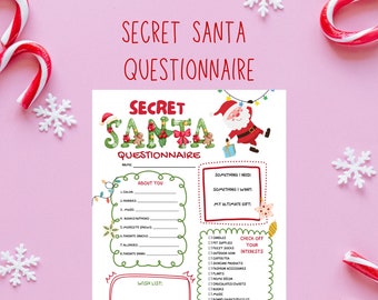Peut inclure: Un questionnaire imprimable pour le Secret Santa avec une illustration de Père Noël en dessin animé. Le questionnaire demande des informations sur le destinataire, y compris sa couleur préférée, ses passe-temps, ses livres, et plus encore. Il comprend également une section de liste de souhaits et une liste de cases à cocher pour les intérêts.