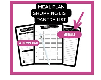 Editable Meal Planner | Weekly Meal Planner Template, Grocery List | Printable, Digital | Meal Prep | Health Planner, Fitness PDF
