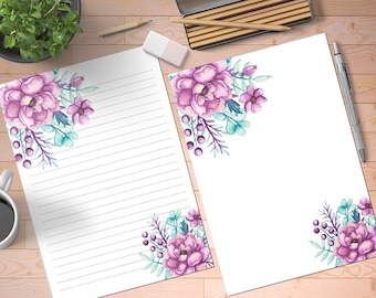 Purple Watercolor Printable Stationery Set, Letter Writing, Stationery Paper, Letter Paper, Printable Writing Paper, Purple Stationery