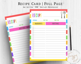 Rainbow Recipe Card, Recipe Pages, Printable Recipe Sheets, Recipe Card Template, Recipe Planner Insert, Kitchen Planner
