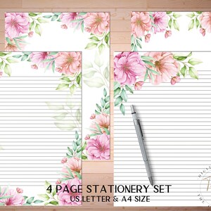 Cherry Blossom Papelería imprimible, A4, 8.5x11, Forrado y sin línea, Papel de nota floral, Páginas de diario, Descarga instantánea, Papel de escritura floral
