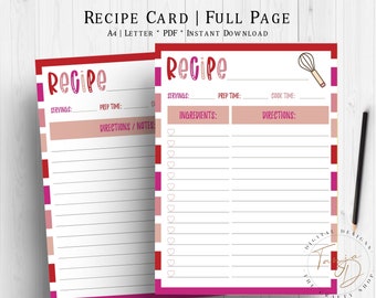 Romantic Red Recipe Card, Recipe Pages, Printable Recipe Shees, A4 Recipe Card Template, Recipe Planner Insert, Kitchen Planner