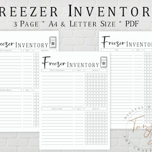 May include: Printable freezer inventory list with three pages. The pages are labelled "Meat & Seafood", "Fruit & Vegetables", and "Snacks & Misc".