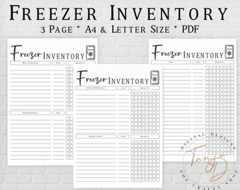 May include: Printable freezer inventory list with three pages. The pages are labelled "Meat & Seafood", "Fruit & Vegetables", and "Snacks & Misc".