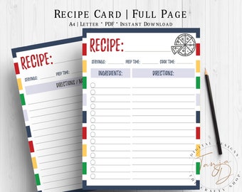 Blue & Red Recipe Card, Printable Recipe Sheet, Recipe Page, Recipe Planner Insert, Recipe Card Template, Organized Kitchen, Kitchen Planner