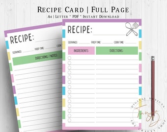 Recipe Cards Printable, Recipe Page, Printable Recipe Sheet, A4 Recipe Card Template, Recipe Planner Insert, Kitchen Planner, Lavender
