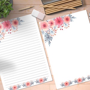 Floral Printable Stationery Set, Digital Paper, Letter Paper, Printable Writing Paper, Note Paper, Lined Paper, Unlined Paper, Journal Paper image 2