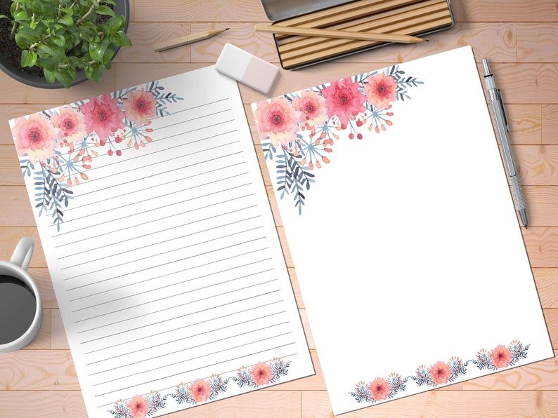 Floral Printable Stationery Set, Digital Paper, Letter Paper, Printable Writing Paper, Note Paper, Lined Paper, Unlined Paper, Journal Paper image 2