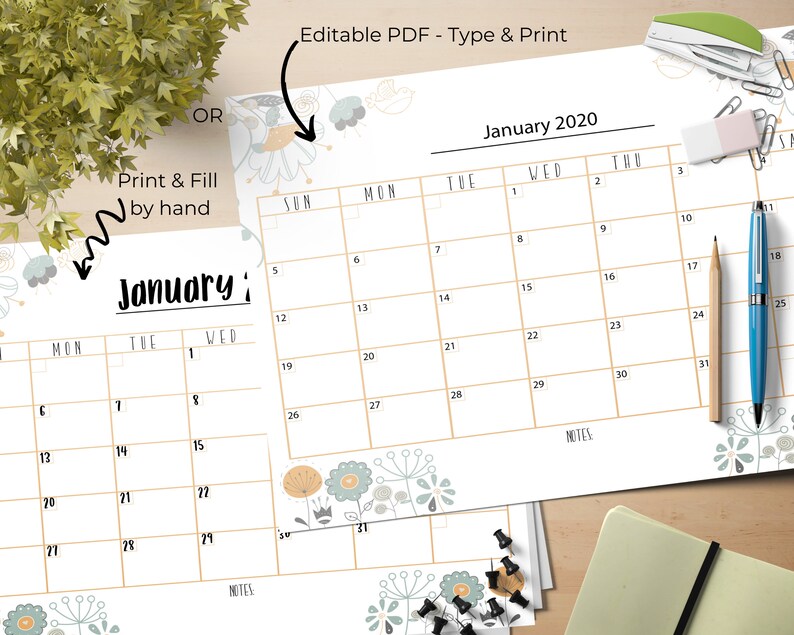 undated editable monthly calendar printable planner pdf etsy