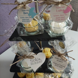 Guest gifts, guest present, beeswax candle, tealight, wedding, baptism, school enrollment, personalizable