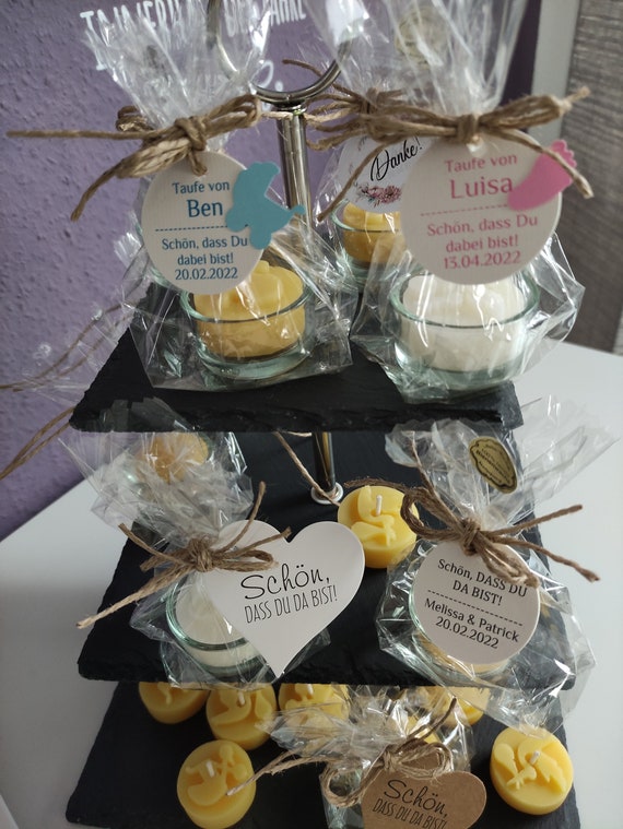 Guest gifts, guest present, beeswax candle, tealight, wedding, baptism, school enrollment, personalizable