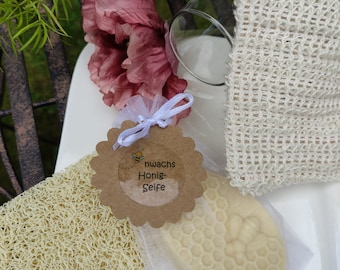 Bienenwachsseife mit Honig, Seife aus Bienenwachs, Geschenk, 100% Natur, nachhaltig, mit Seifenunterlage und Sisalsäckchen