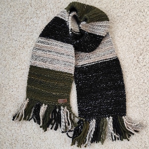 Black Gray Green Long knitted winter scarf, Big fringed shawl, Striped dark colors thick scarf, Warm hygge unisex scarf, 2021 winter fashion