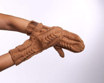 Women warm knitted gloves, Brown designer gloves, Hand knitted arm warmers, Women elegant yarn mittens, Long winter mitts