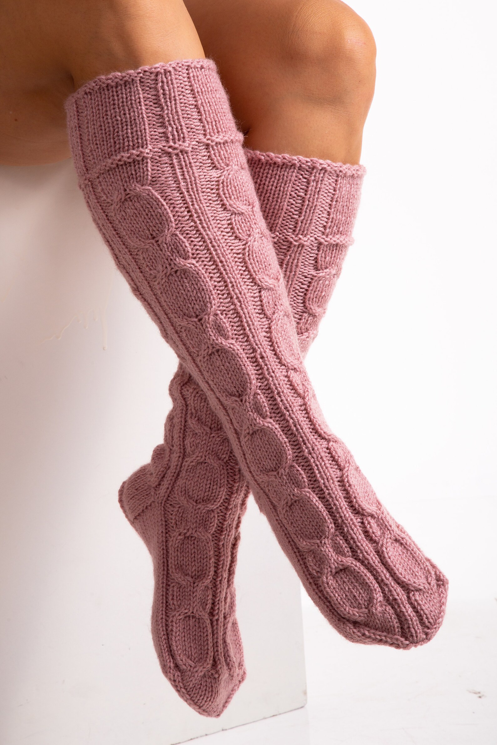 Designer cable knit sock Hand knit dusty rose sock Long soft Etsy