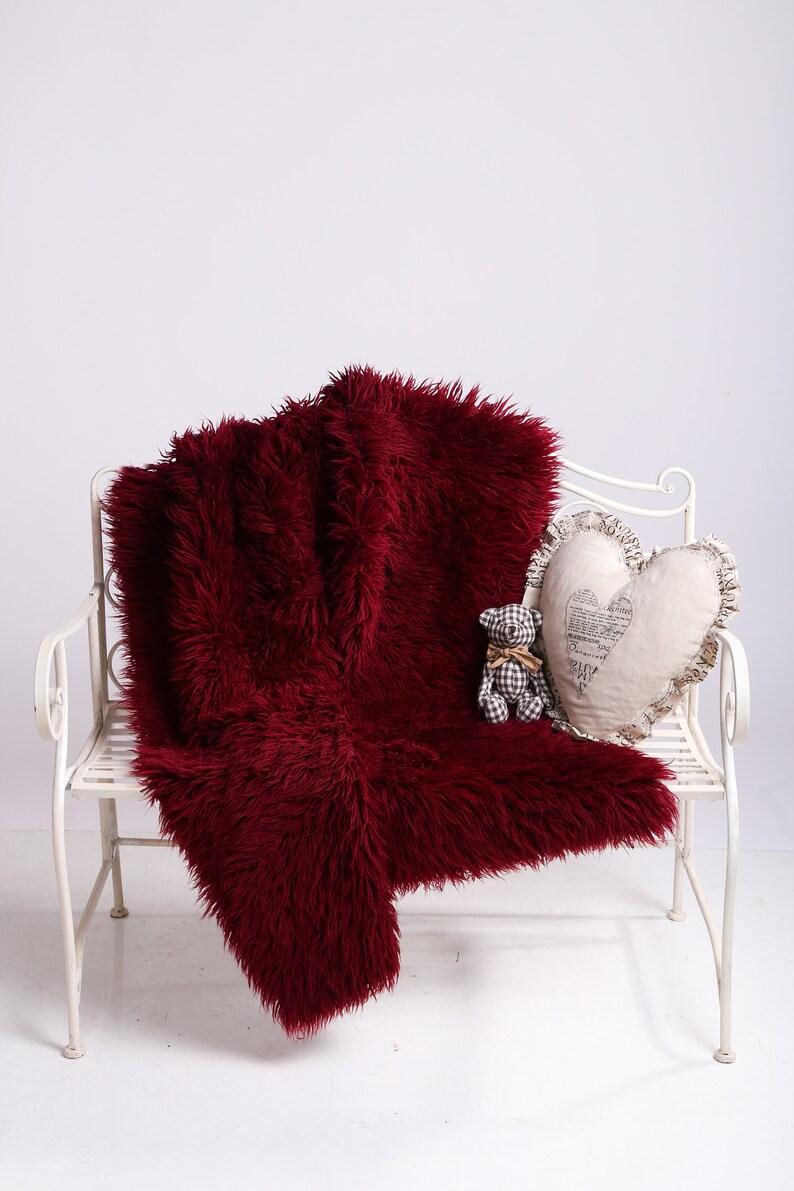 Vintage Wool Sofa Cover, Burgundy Hand Woven Shaggy Throw, Moroccan