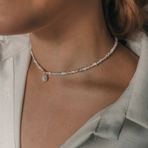 Nohea | Handmade pearl necklace 'Dorisa' with freshwater pearl and pastel colors - purple, blue, mother-of-pearl, white, turquoise, gold