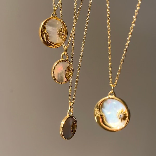 NOHEA | Halsketten mit Perlmuttanhänger - Sonne oder Mond, Edelstahl 18 Karat vergoldet