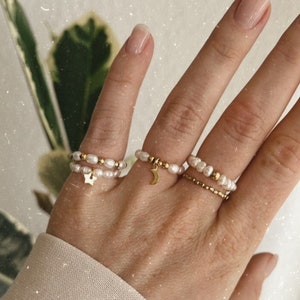 Nohea | Handmade pearl rings with golden details - freshwater pearls, mother of pearl, stainless steel, moon, star