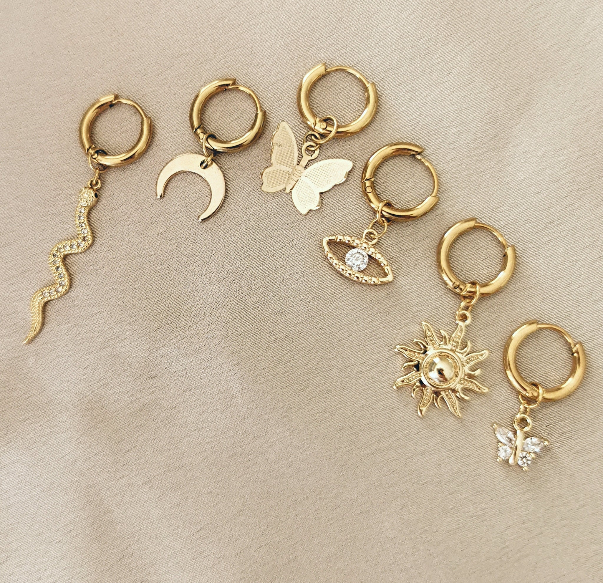 Nohea | 1 Earring Mix and Match - Creole with pendant - snake, star, rhinestone, butterfly, eye, sun, stainless steel, gold, zircon