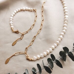 Nohea | Handmade necklace or bracelet 'Lani' made of freshwater pearls - stainless steel, gold or silver, link chain shells