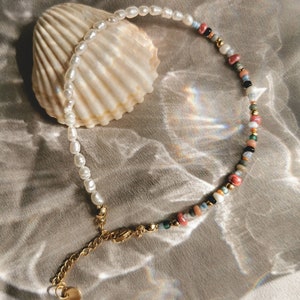 Nohea | Anklet 'Anela' made of freshwater pearls and colorful glass beads - stainless steel, mother-of-pearl, gold, turquoise, red, blue, white, orange,