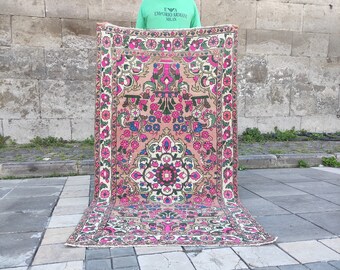 3x6 Pastel oriental Rug, Gift Vintage Rug 3.34&#39;&#39;x6.46&#39;&#39; hot pink, colorful handmade kitchen rug, Turkish accent rug,welcome rug,bathroom rug