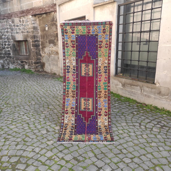 Vintage Turkish 3x7 Patchwork Runner Rug: Dark Red Aztec Hallway Rug (2.62 x 6.95 ft) kitchen rug